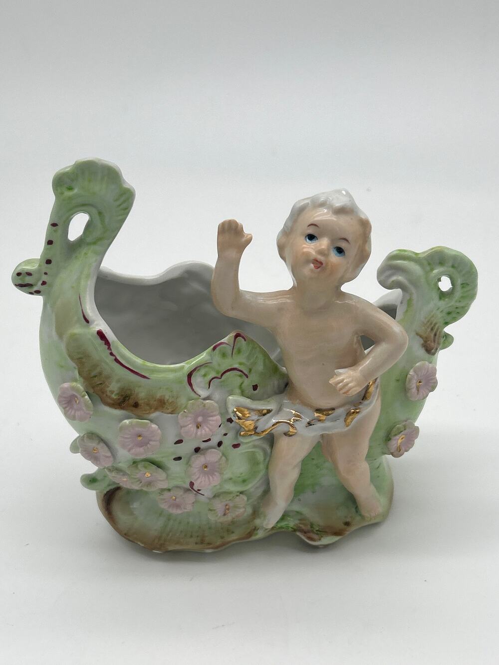 Vintage Porcelain Cherub Planter Floral Figurine Pastel Green Gold Accents